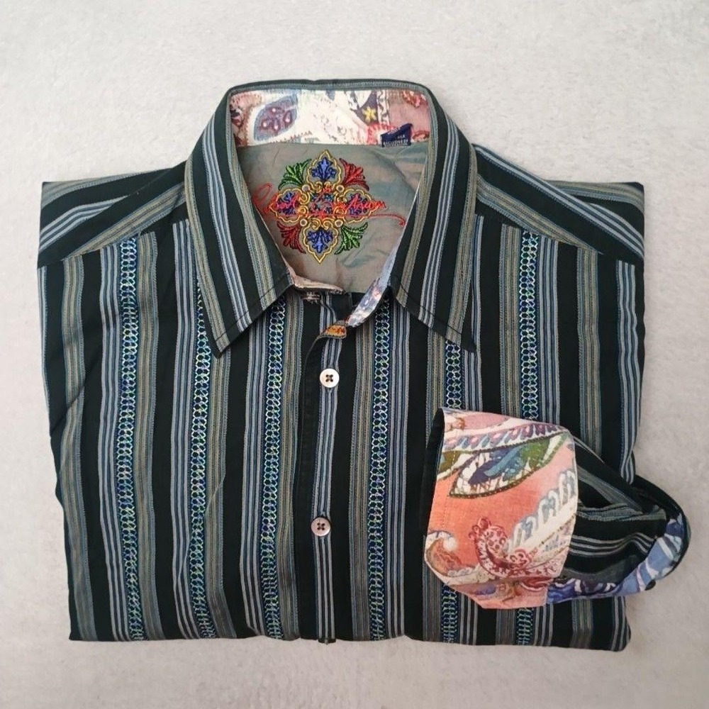 Robert Graham Shirt Mens M Green Striped Button-Up Embroidered Paisley Trim Work